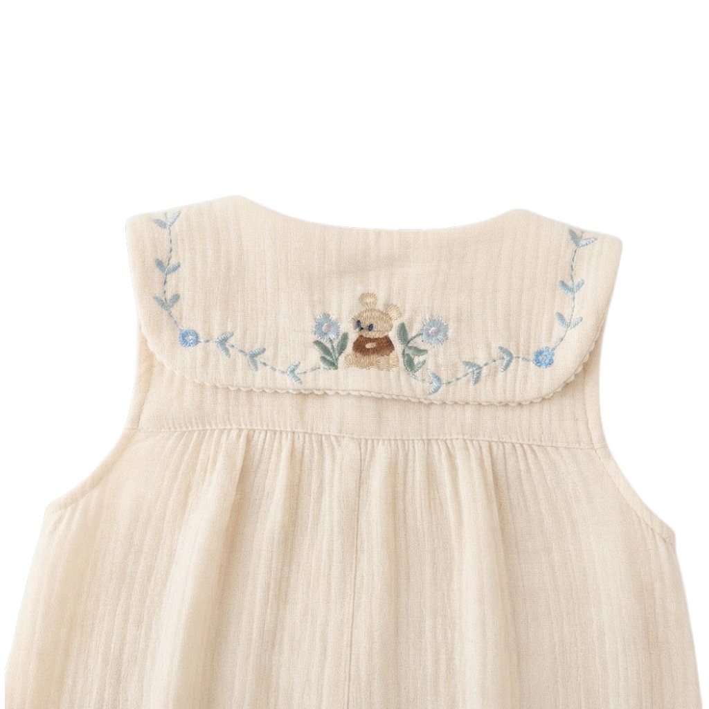 Cream Blue-Floral Collar Sleeveless Baby Outfit