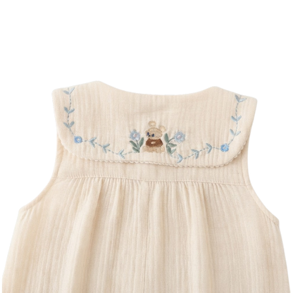 Cream Blue-Floral Collar Sleeveless Baby Outfit
