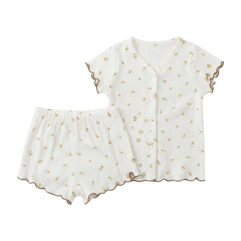Cream Tiny-Floral Ruffle-Trim Baby Top and Shorts Set