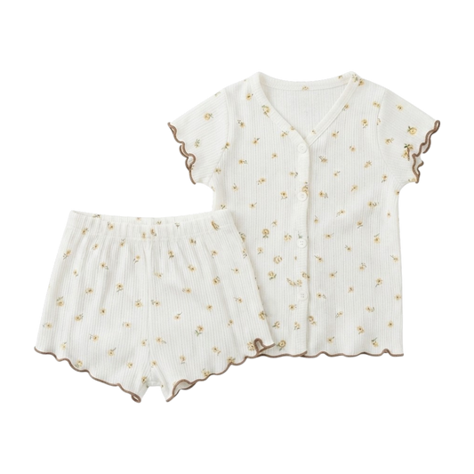 Cream Tiny-Floral Ruffle-Trim Baby Top and Shorts Set