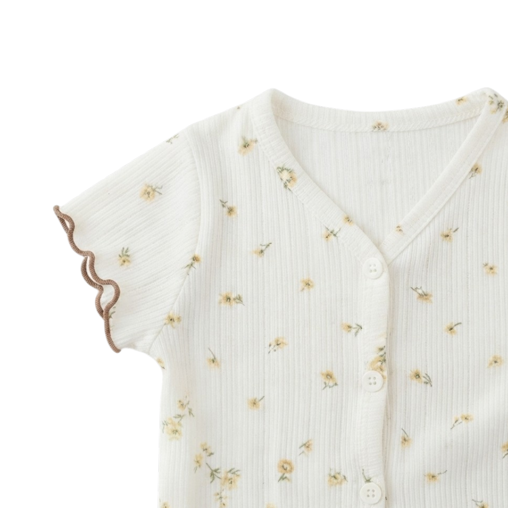 Cream Tiny-Floral Ruffle-Trim Baby Top and Shorts Set