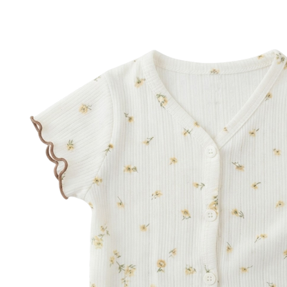 Cream Tiny-Floral Ruffle-Trim Baby Top and Shorts Set