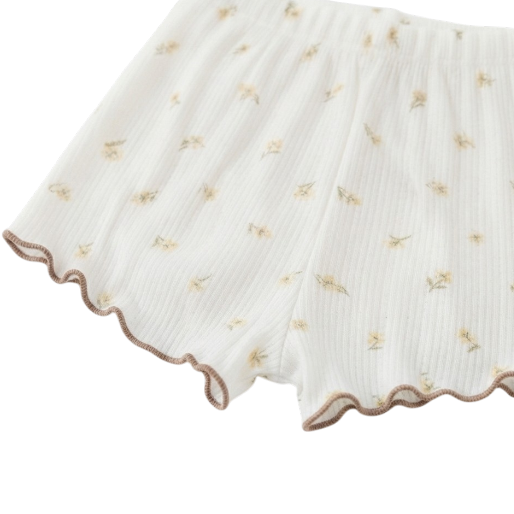 Cream Tiny-Floral Ruffle-Trim Baby Top and Shorts Set