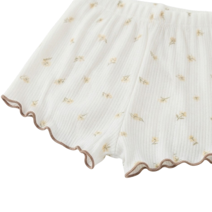 Cream Tiny-Floral Ruffle-Trim Baby Top and Shorts Set