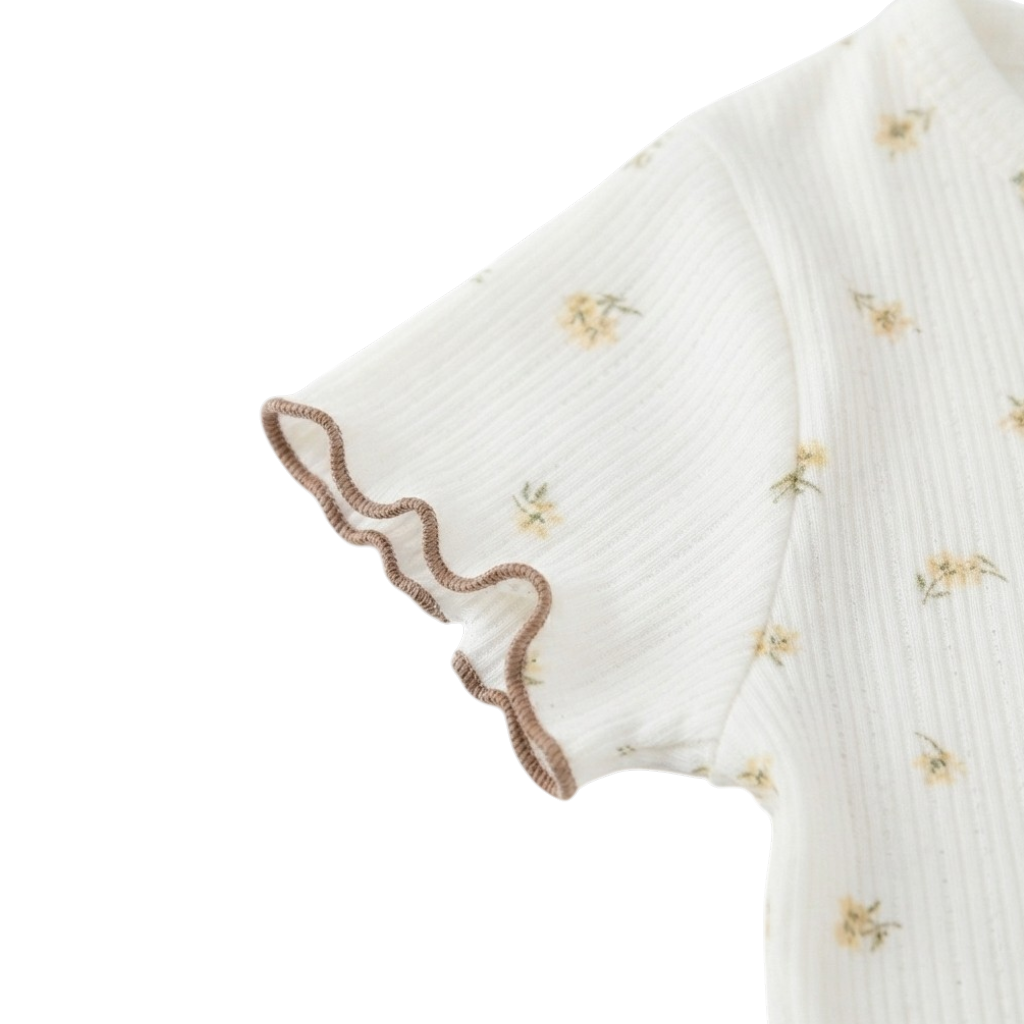 Cream Tiny-Floral Ruffle-Trim Baby Top and Shorts Set