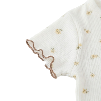 Cream Tiny-Floral Ruffle-Trim Baby Top and Shorts Set