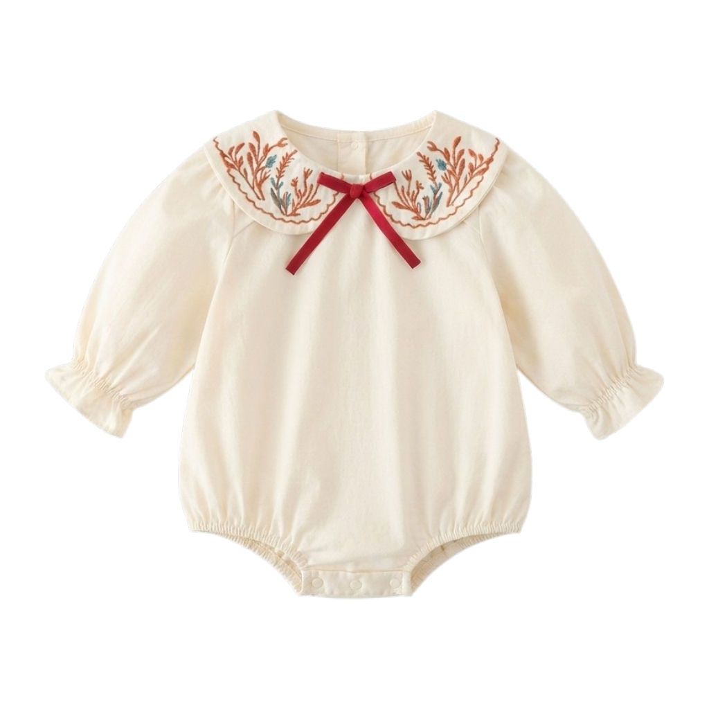 Cream Red-Embroidered Baby Outfit
