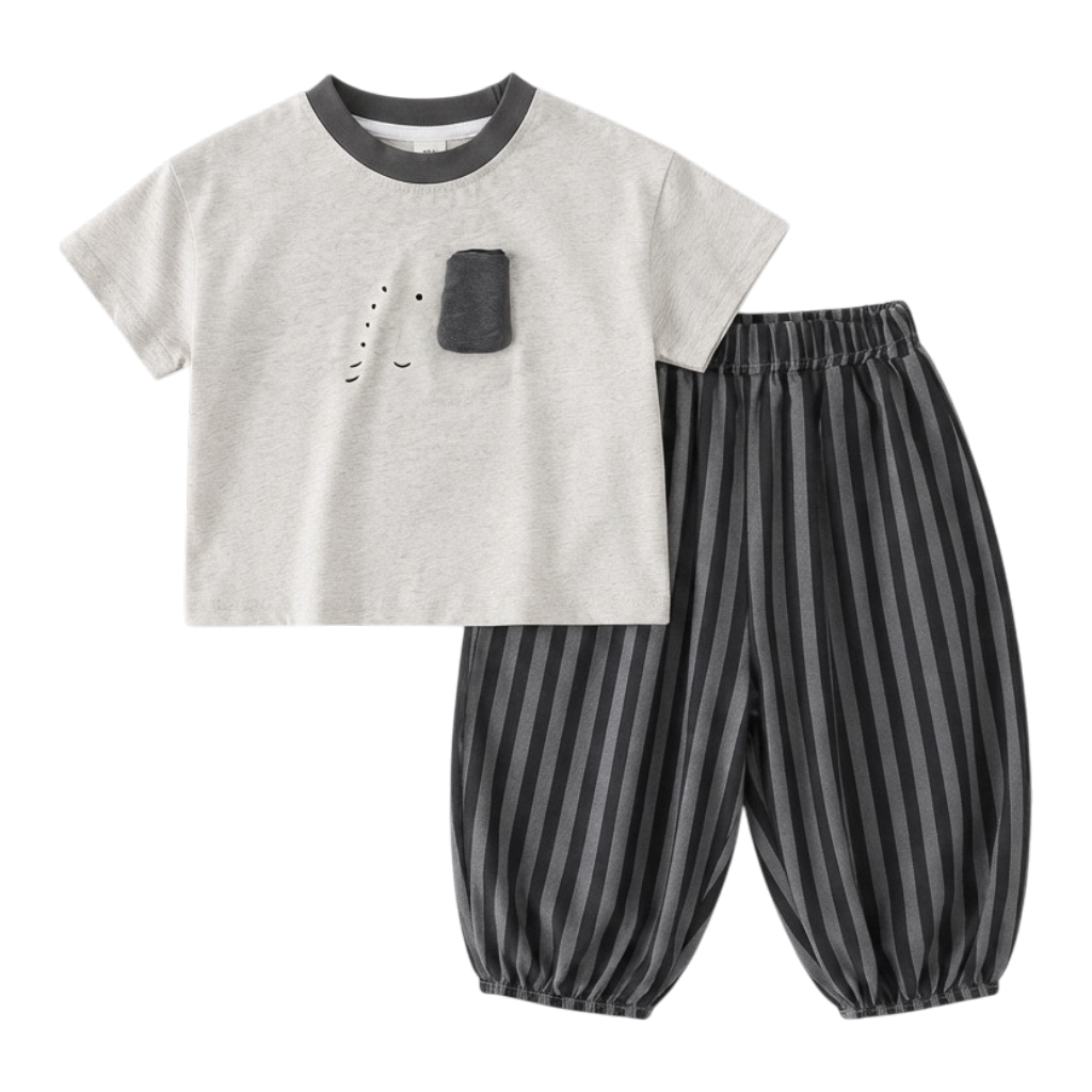 Grey Elephant Top and Stripe Pants Baby Set