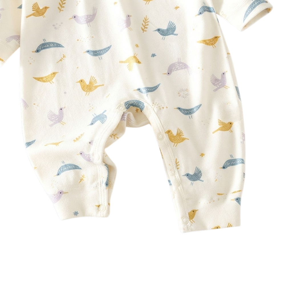 Cream Fairy-Tale Bird Long-Sleeve Baby Romper