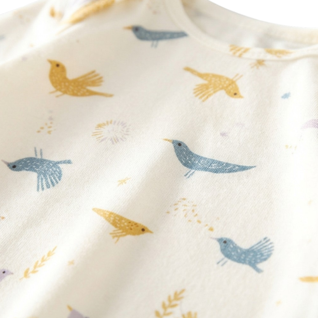 Cream Fairy-Tale Bird Long-Sleeve Baby Romper