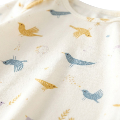 Cream Fairy-Tale Bird Long-Sleeve Baby Romper