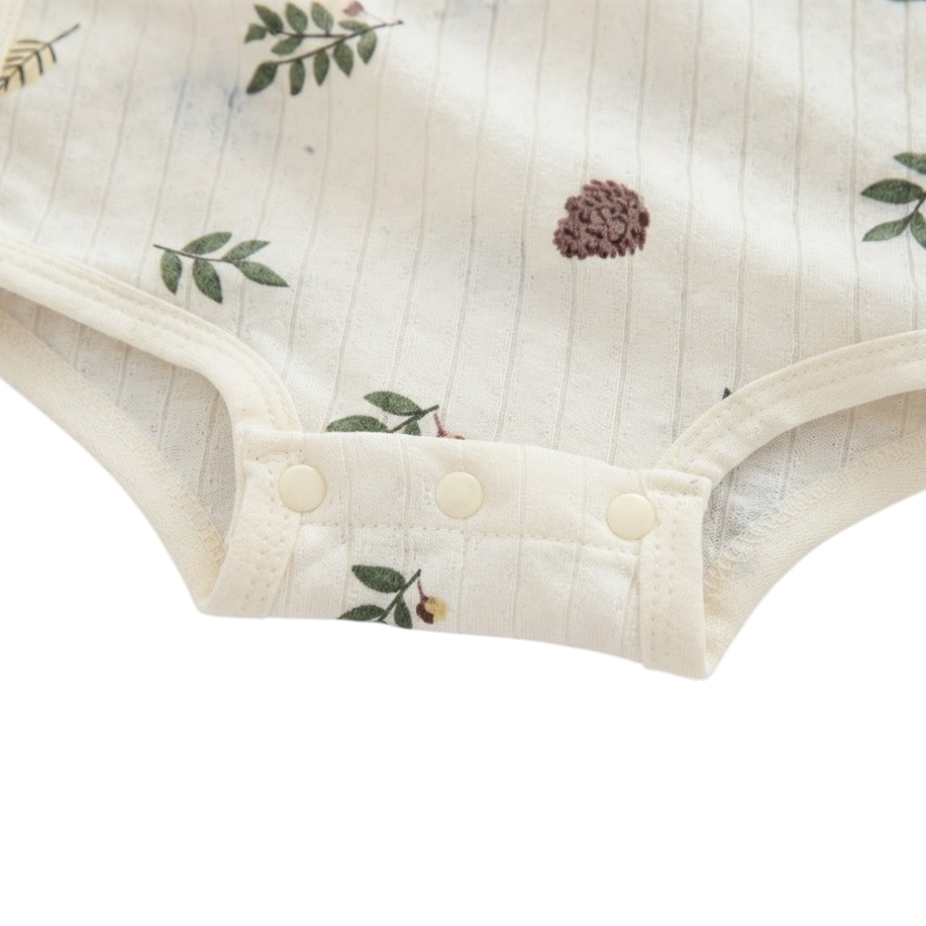 Close-up of the three-snap bottom closure on the cream botanical baby bodysuit