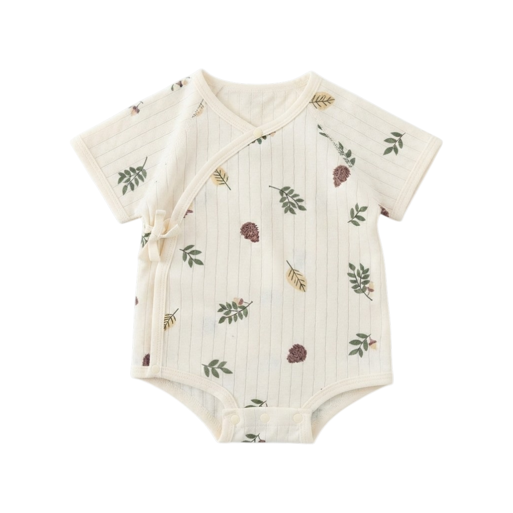Cream short-sleeve wrap baby bodysuit with green leaf and brown botanical print