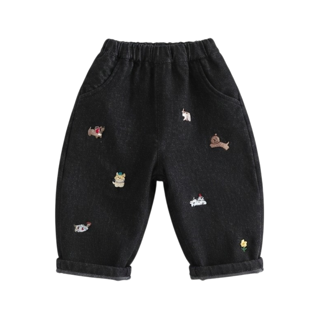 Black Animal Embroidered Baby Pants