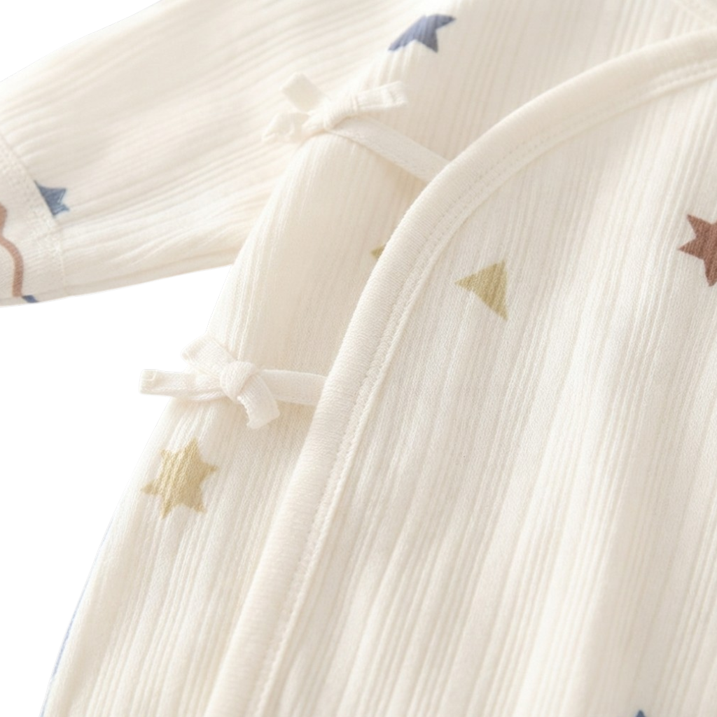 Cream Star Long-Sleeve Kimono Baby Romper and Bib Set