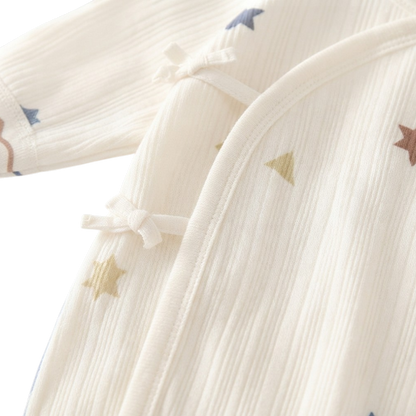 Cream Star Long-Sleeve Kimono Baby Romper and Bib Set
