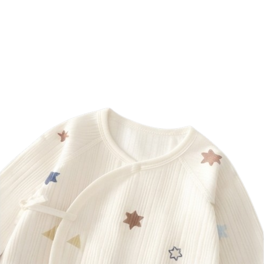 Cream Star Long-Sleeve Kimono Baby Romper and Bib Set