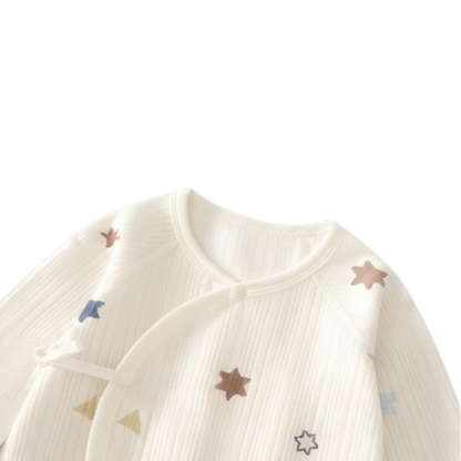 Cream Star Long-Sleeve Kimono Baby Romper and Bib Set