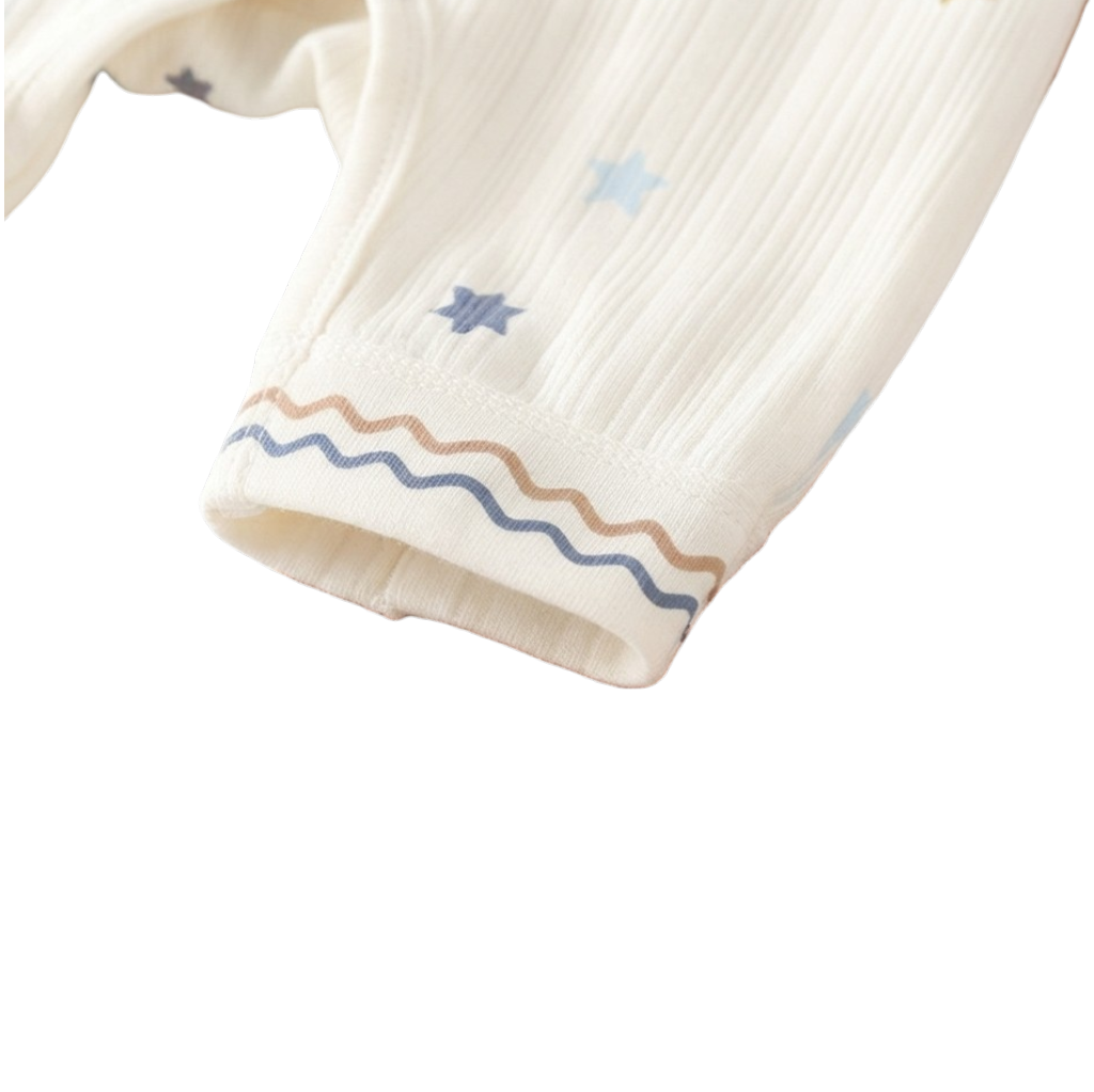 Cream Star Long-Sleeve Kimono Baby Romper and Bib Set