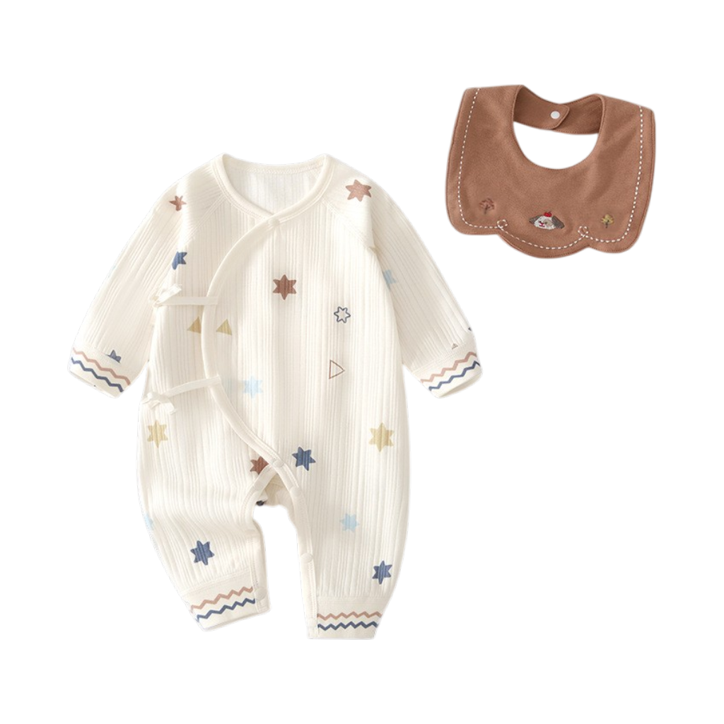 Cream Star Long-Sleeve Kimono Baby Romper and Bib Set