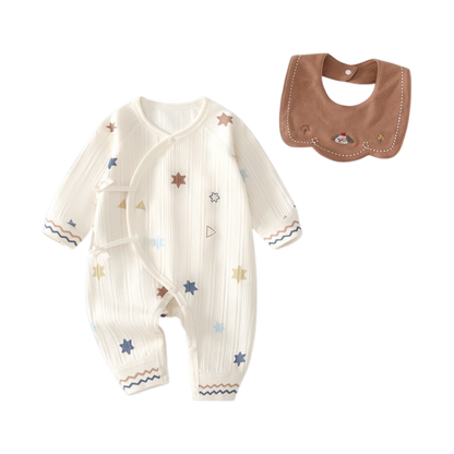 Cream Star Long-Sleeve Kimono Baby Romper and Bib Set