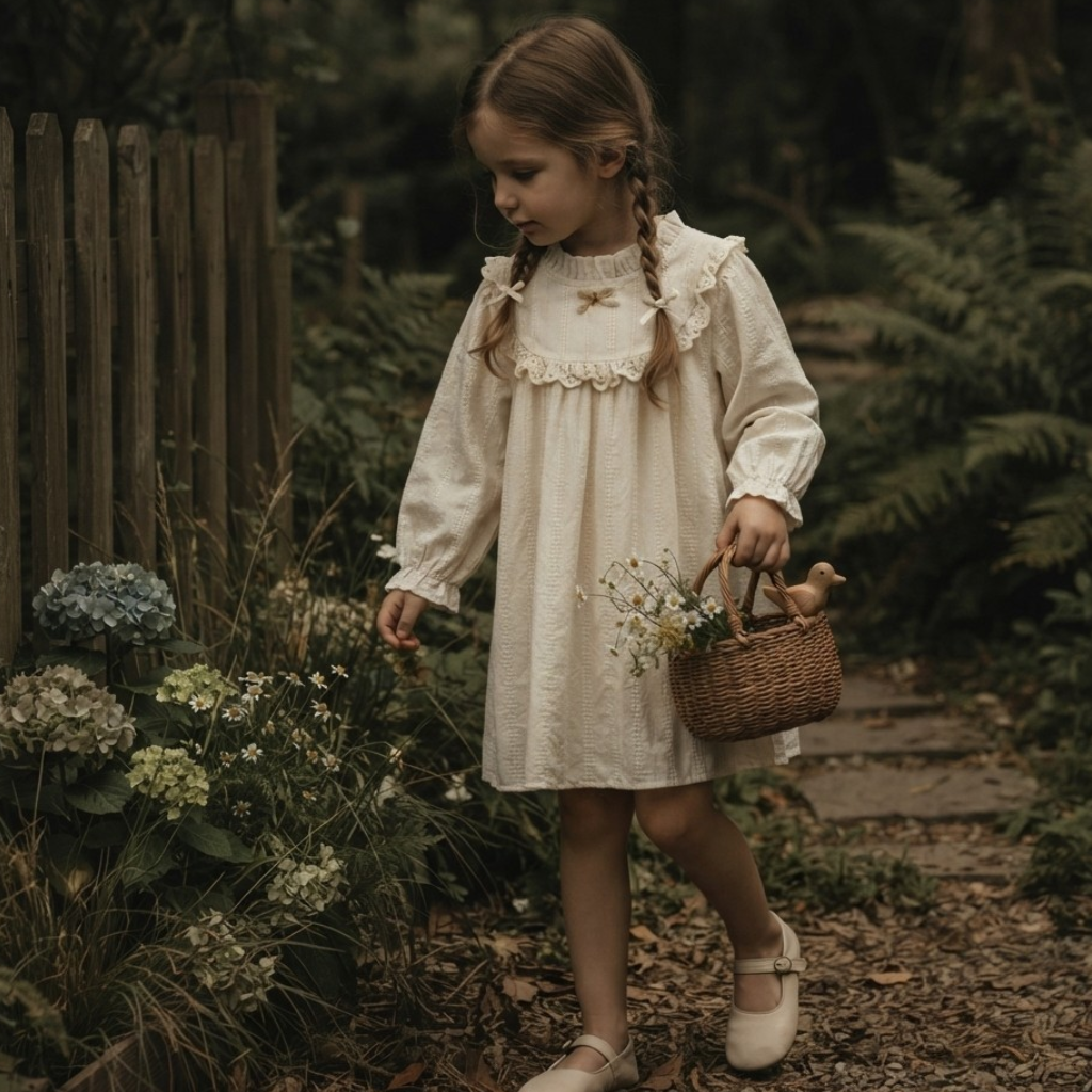 Child wearing a cream long-sleeve dress with a ruffle collar in a garden