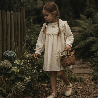 Child wearing a cream long-sleeve dress with a ruffle collar in a garden