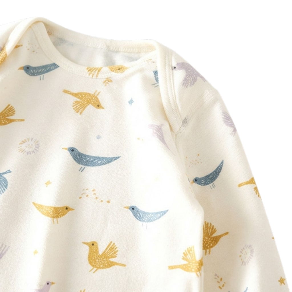 Cream Fairy-Tale Bird Long-Sleeve Baby Romper
