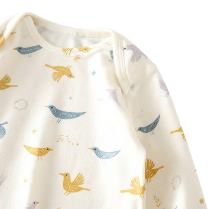 Cream Fairy-Tale Bird Long-Sleeve Baby Romper