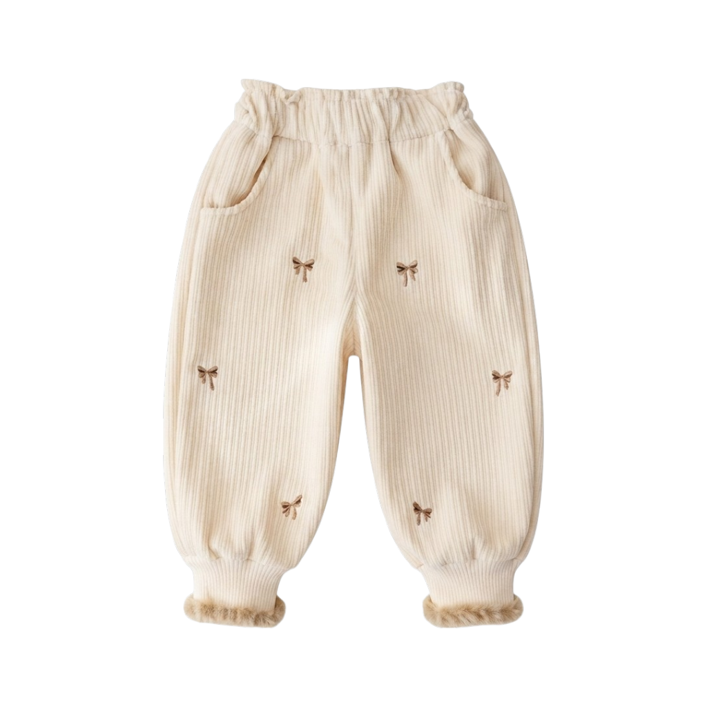 Beige Bow Embroidered Baby Pants