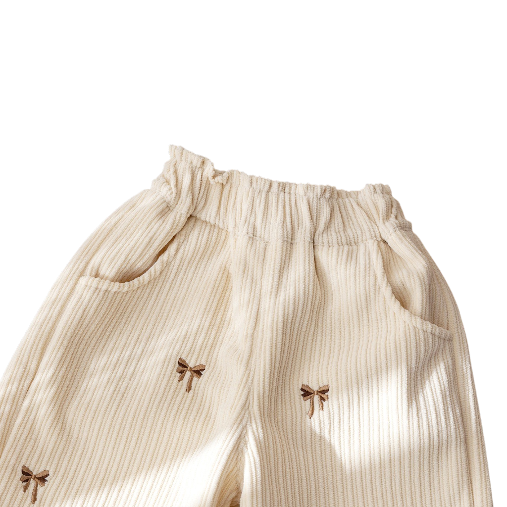 Beige Bow Embroidered Baby Pants