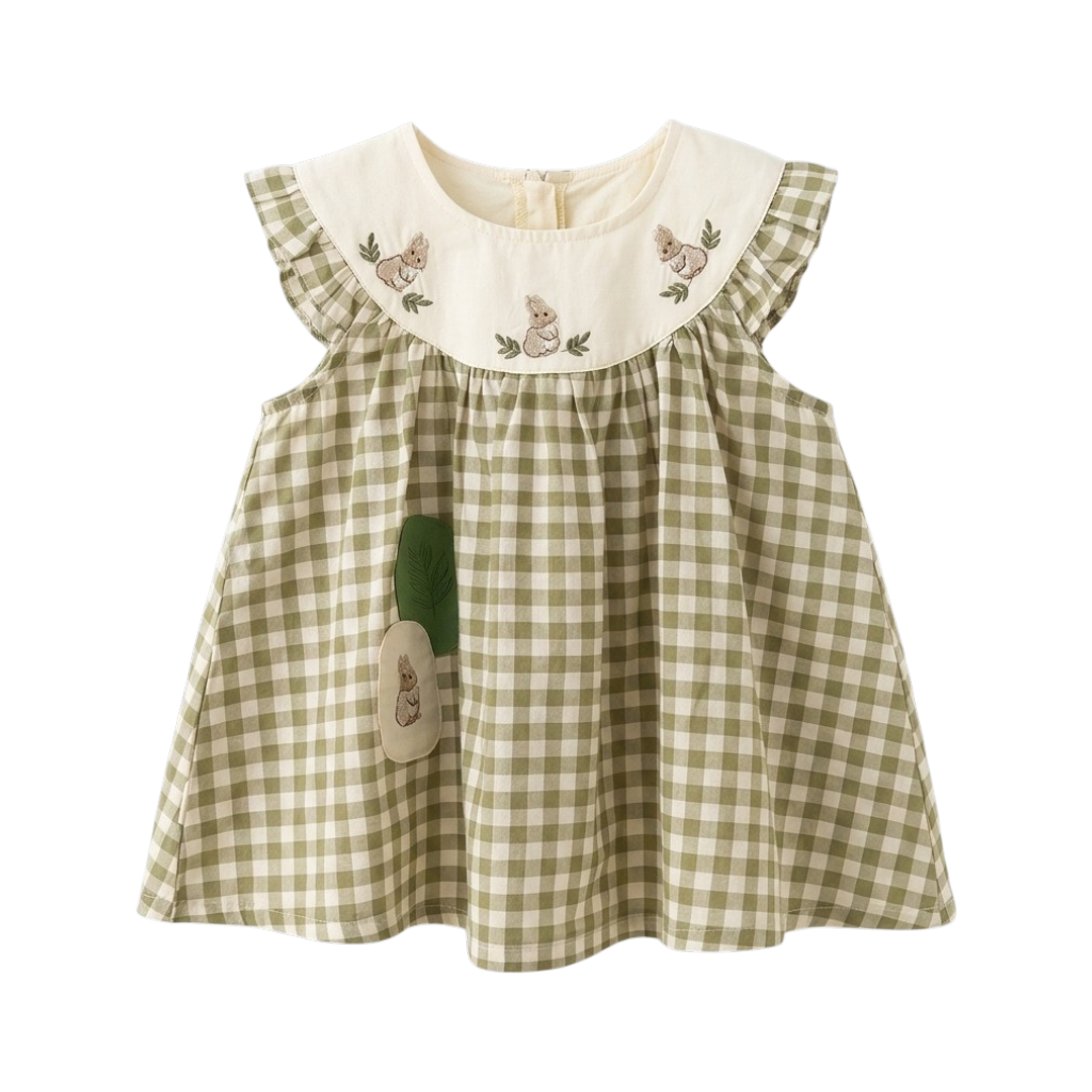 Sage Gingham Embroidered Bunny Baby Dress