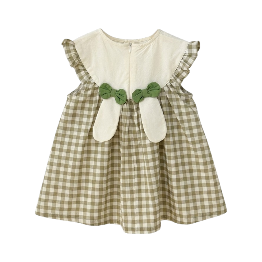Sage Gingham Embroidered Bunny Baby Dress