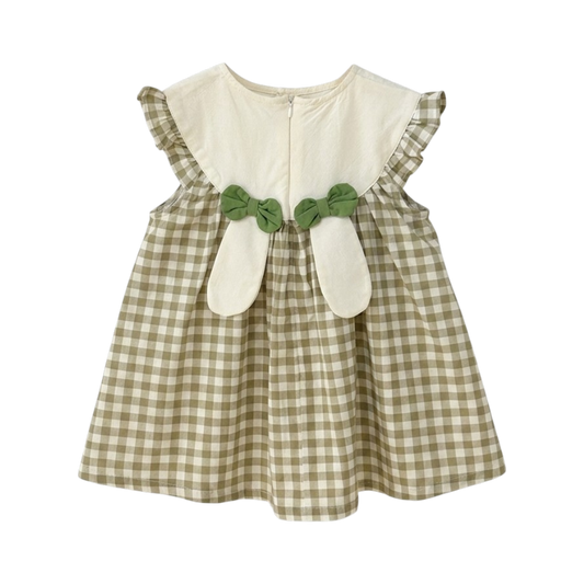 Sage Gingham Embroidered Bunny Baby Dress