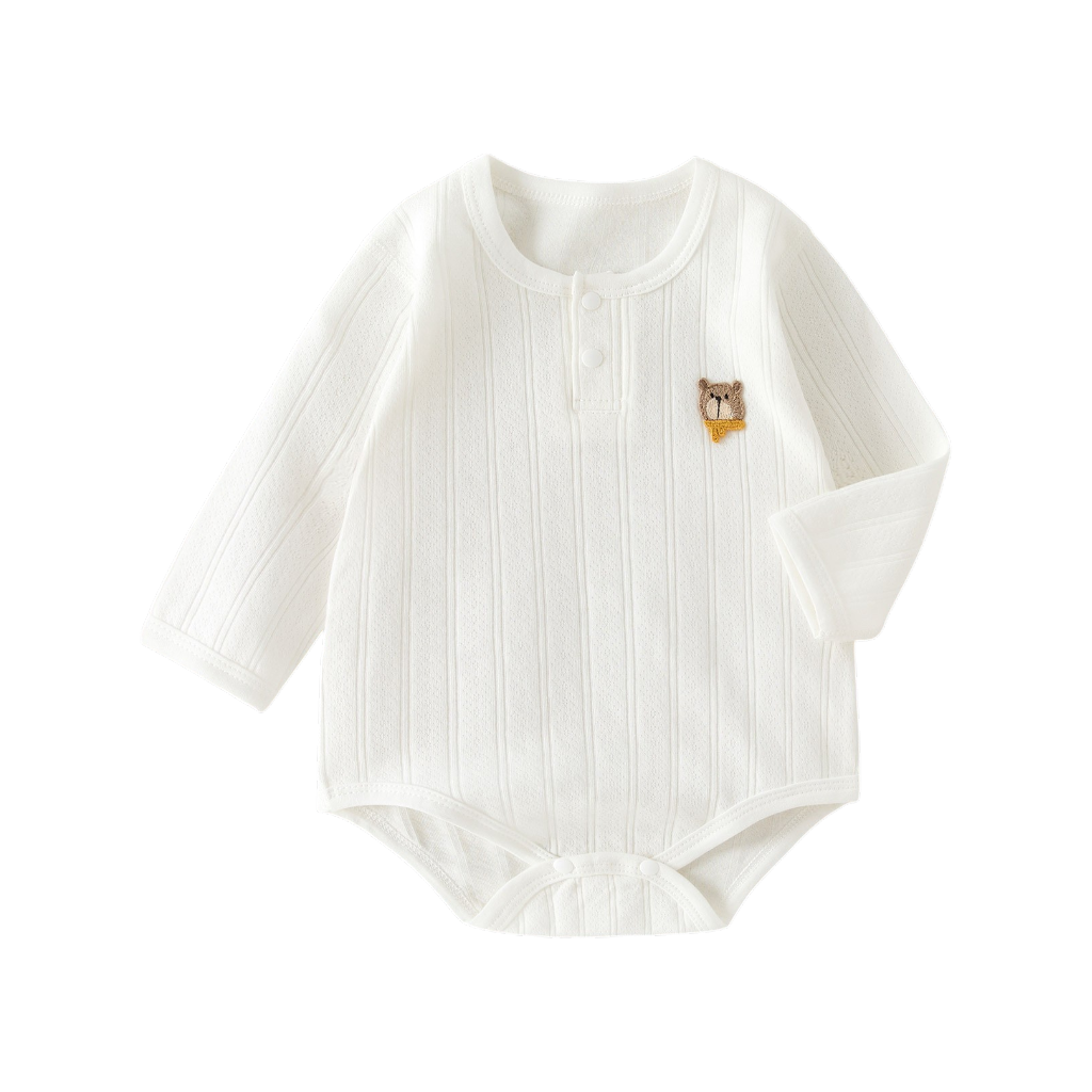 White Button-Collar little bear Long-Sleeve Baby Bodysuit
