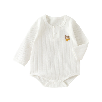 White Button-Collar little bear Long-Sleeve Baby Bodysuit