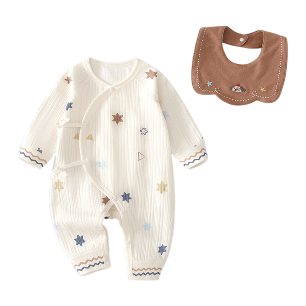 Cream Star Long-Sleeve Kimono Baby Romper and Bib Set