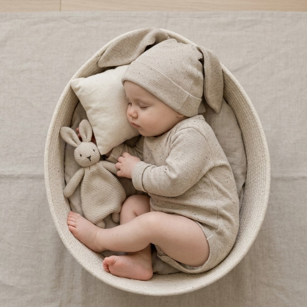 Beige-Cream Cotton Baby Bodysuit Set