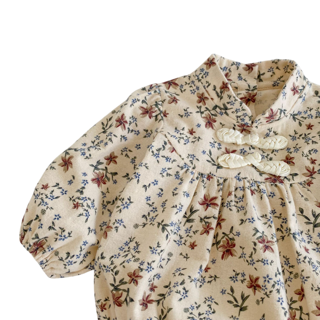 Apricot Floral Mandarin-Collar Long-Sleeve Babysuits