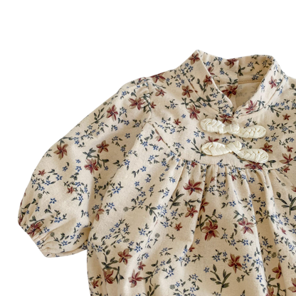 Apricot Floral Mandarin-Collar Long-Sleeve Babysuits