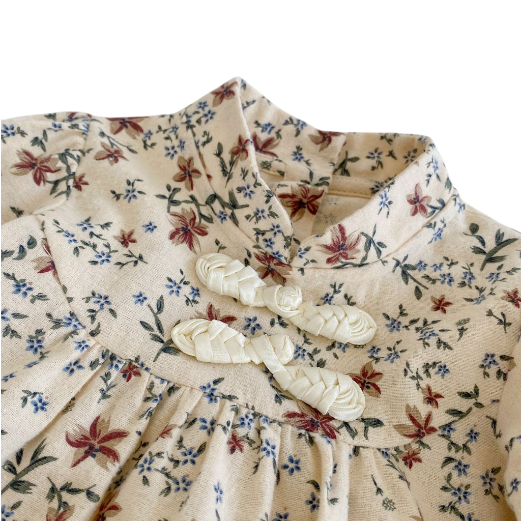 Apricot Floral Mandarin-Collar Long-Sleeve Babysuits