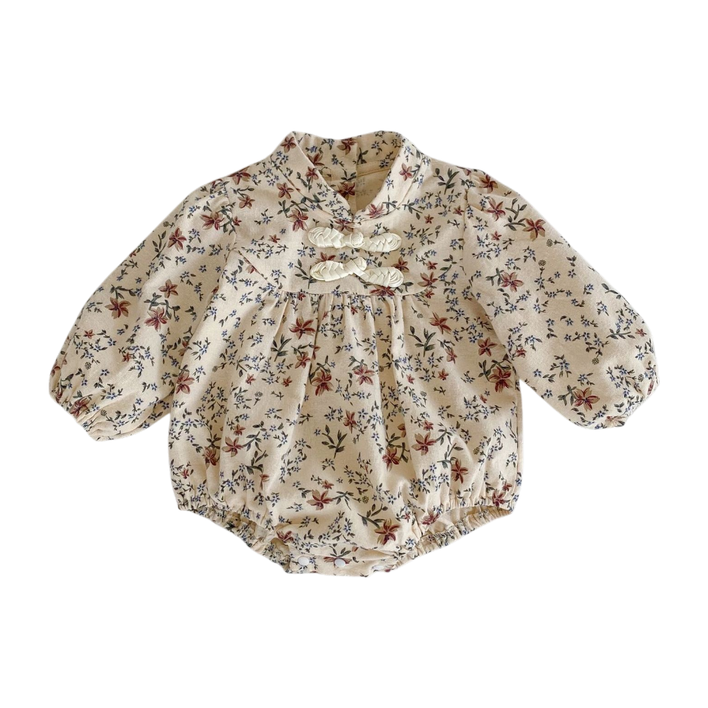 Apricot Floral Mandarin-Collar Long-Sleeve Babysuits