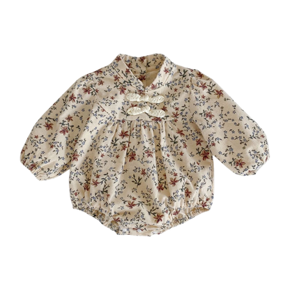 Apricot Floral Mandarin-Collar Long-Sleeve Babysuits