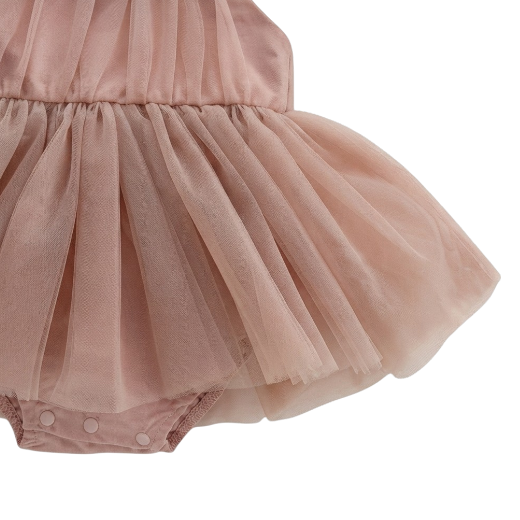 Dusty Pink Tulle Bow Baby Bodysuit Dress