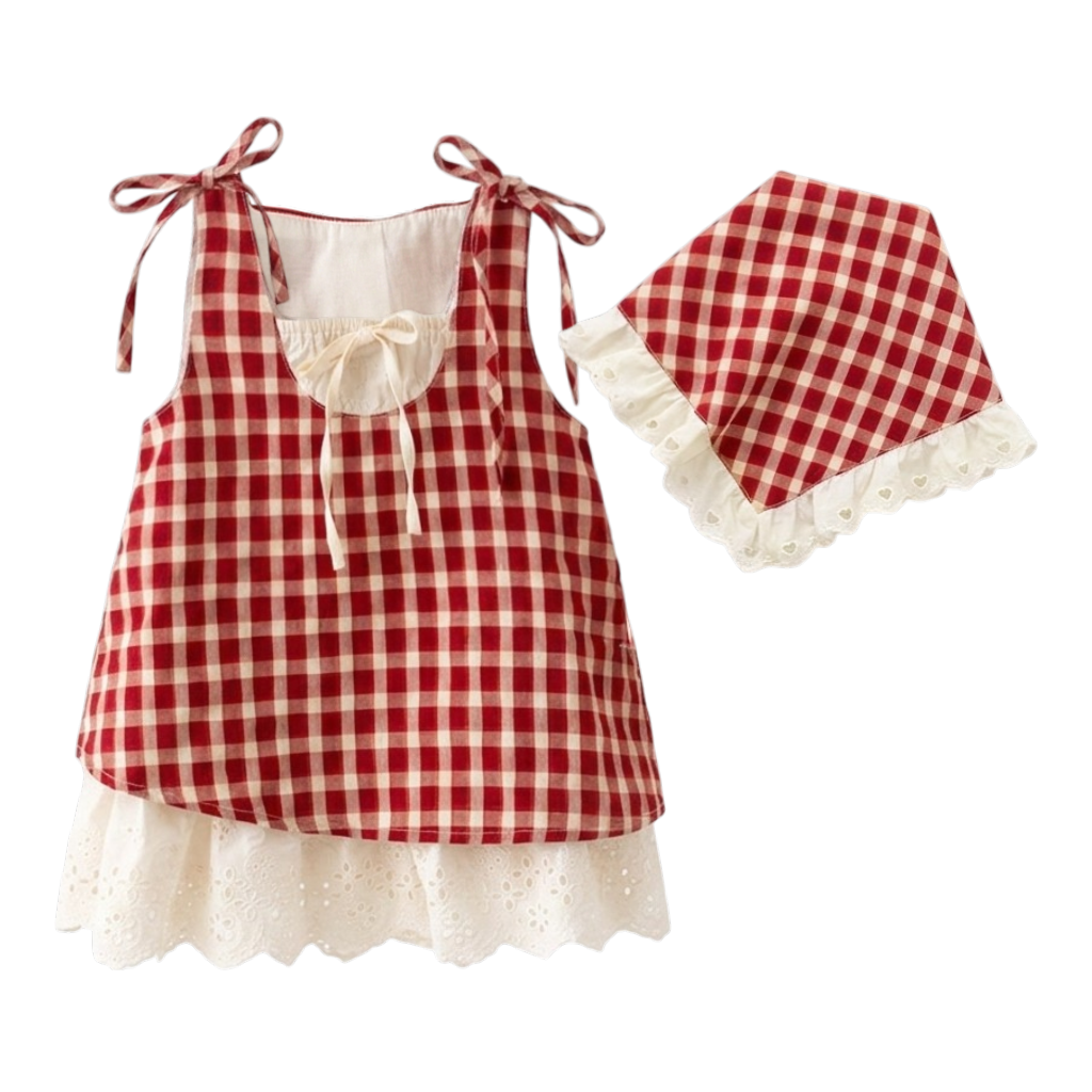 Red Gingham Baby Dress and Headscarf Set