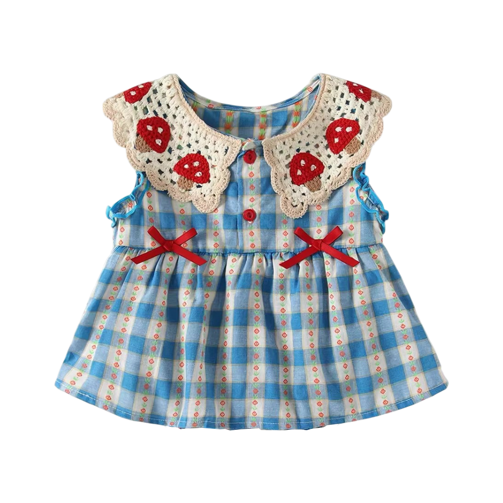 Blue Gingham Mushroom-Collar Baby Bodysuit Dress