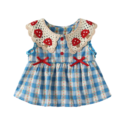 Blue Gingham Mushroom-Collar Baby Bodysuit Dress