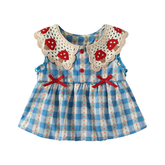 Blue Gingham Mushroom-Collar Baby Bodysuit Dress