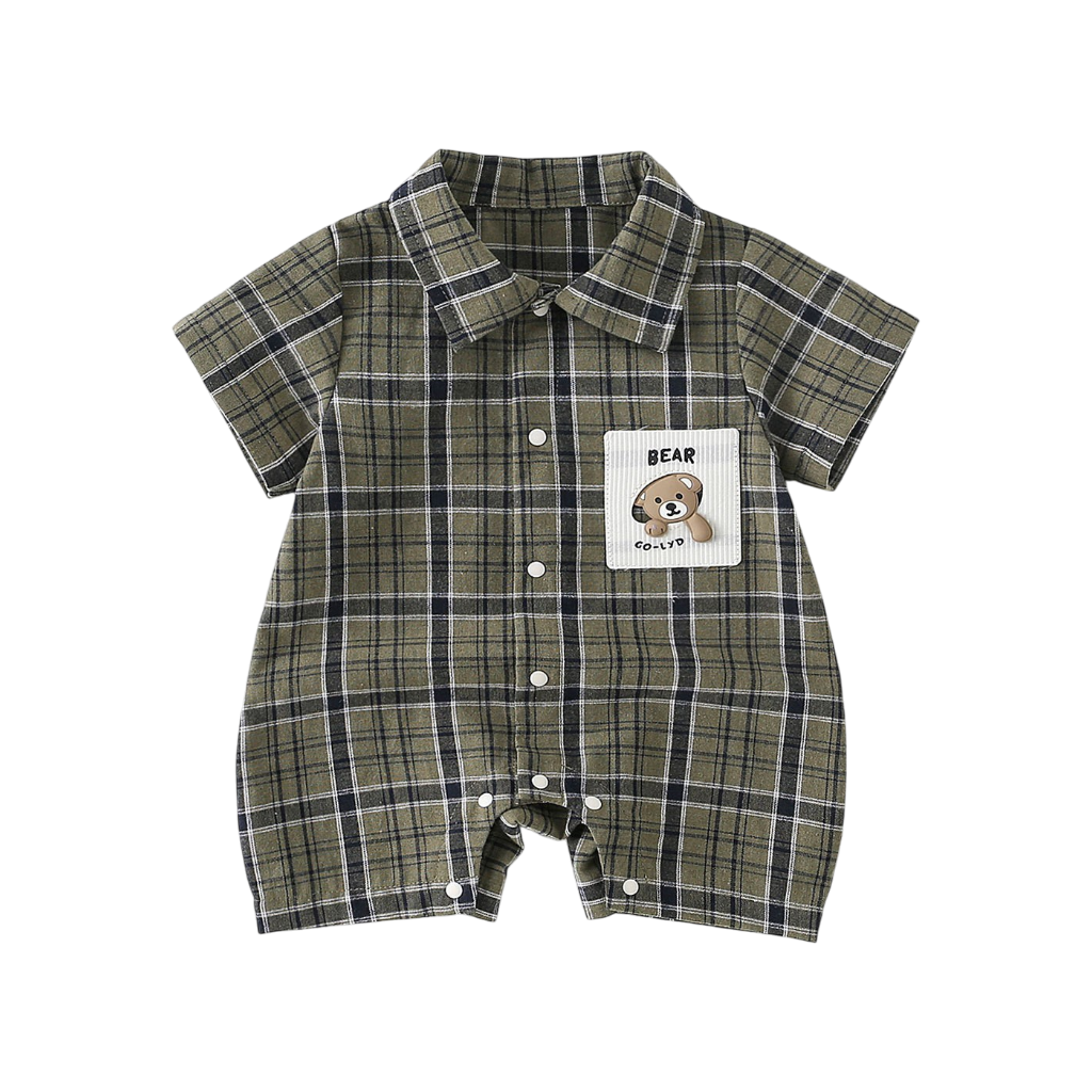 Army Green Gingham Bear Short-Sleeve Baby Outfit