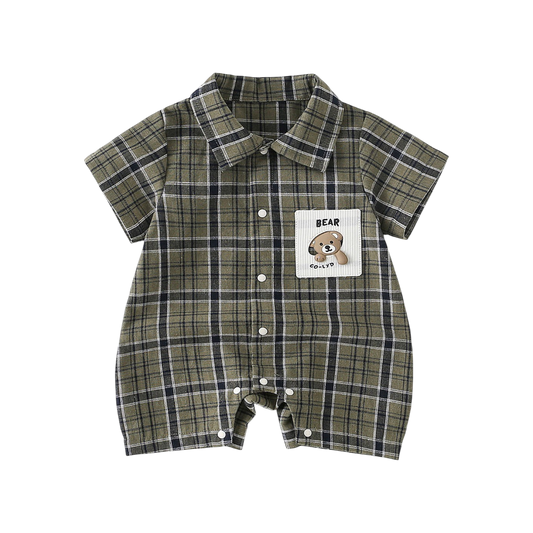 Army Green Gingham Bear Short-Sleeve Baby Outfit